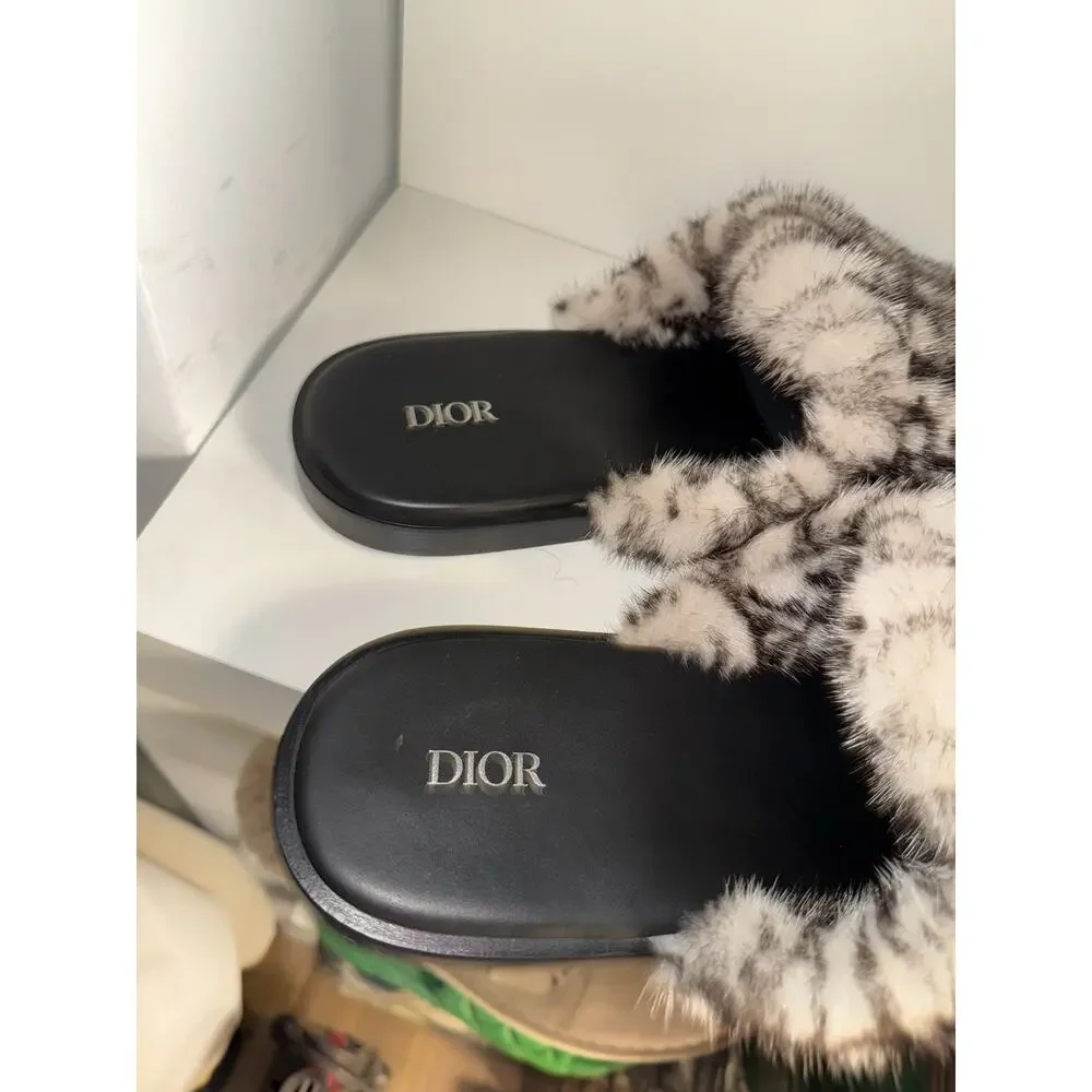 Christian Dior Oblique Mink Fur Dway Mule Slides Men Size 45 US 12 Beige Brown